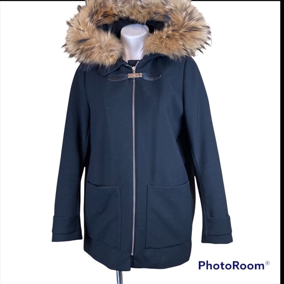 Maje Black Hooded With Racoon Trimed Coat Parka - Picture 6 of 11